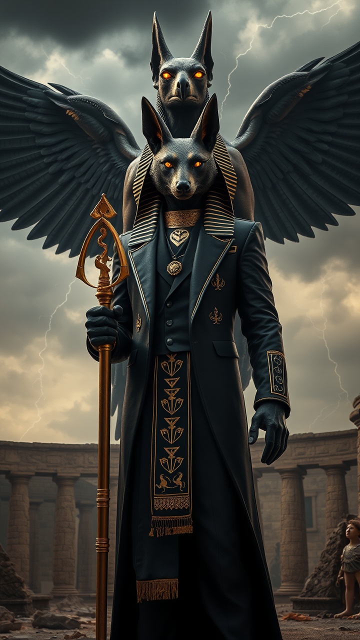 AI generated image by FLUX.1-schnell: Full body hyper-realistic cinematic portrait of Anubis in mafia style. Tall figure with jackal head, glowing golden eyes, wearing a luxurious black suit embroidered with Egyptian symbols, holding a golden staff. Behind him towers a muscular jackal-bird hybrid with humanoid torso, massive black wings of lightning and shadow. Full body framing, ancient ruins under storm clouds, cinematic realism, ultra-detailed.