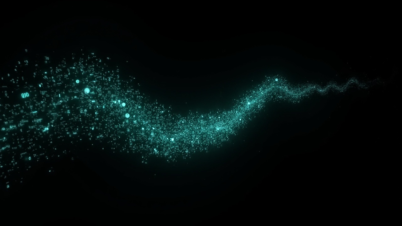 AI generated image by FLUX-Realism-Lora: a swooshing trail made from thousands of turquoise numbers and formulas. it starts on the right side of the picture from a point and then grows larger and fades out towards the left side of the image. It floats in mid air. on a black background. like a png with black only background. it looks modern, realistic, sci-fy