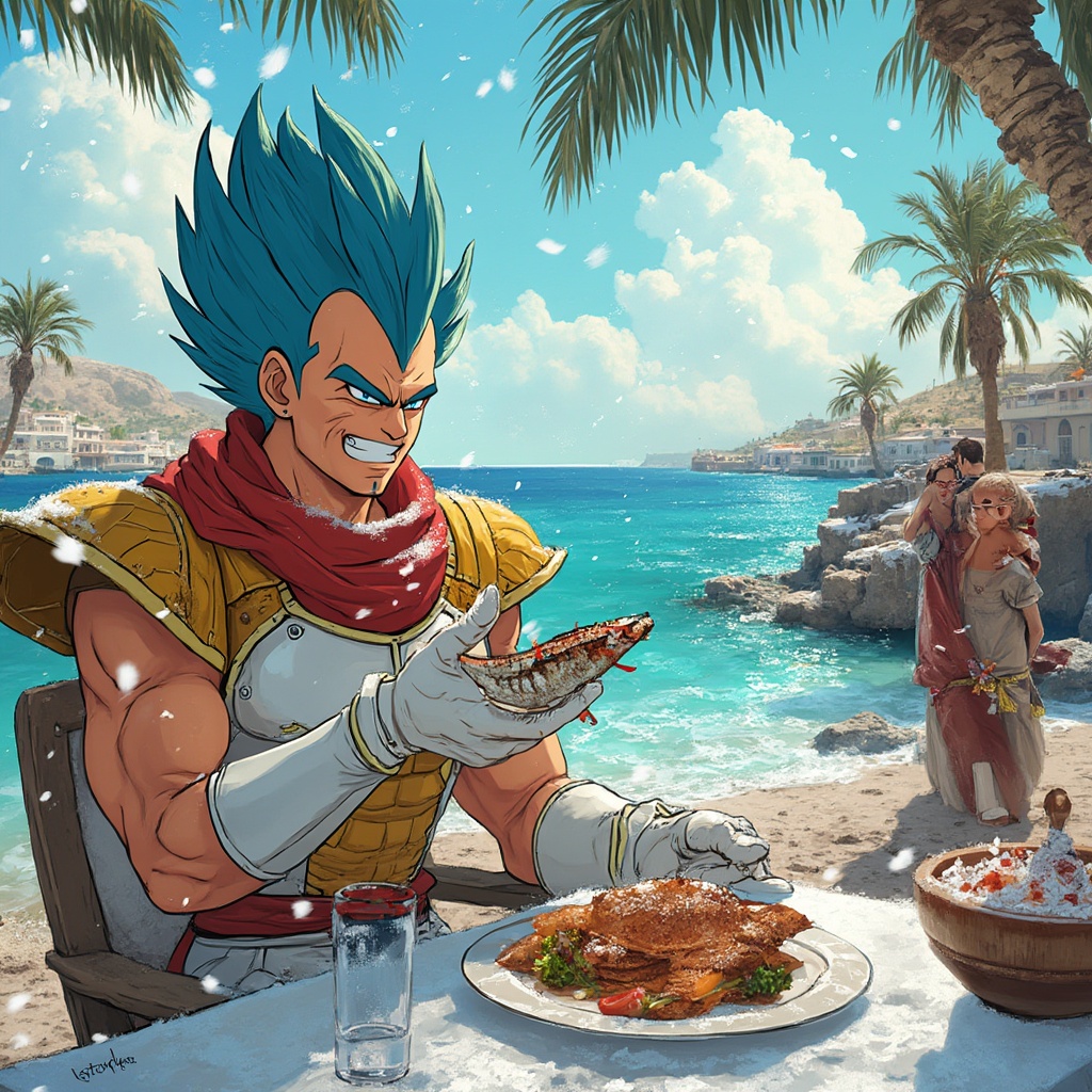 AI generated image by FLUX-Realism-Lora: Illustrate Vegeta from Dragon Ball Z on the island of Djerba. He’s sitting at an outdoor table by the sea, enjoying a grilled sea bass with a delighted expression. Snow falls gently around him, creating an unusual winter scene on this typically warm island. Vegeta wears his classic Saiyan armor with a festive twist—perhaps a traditional Djerba-style scarf or hat. Nearby, he’s getting up to dance with locals, moving to lively traditional Djerbian folk music, with his serious yet awkward expression adding humor to the scene. The background shows a mix of Djerba’s iconic architecture and palm trees dusted with snow.