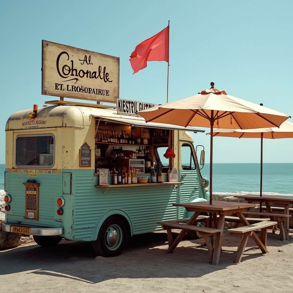 AI generated image by FLUX.1-pro: un camion restaurant ancien avec écrit dessus à la cochonaille chez flagatine et flag  et des tables avec parasol en bord de l'océan atlantique 