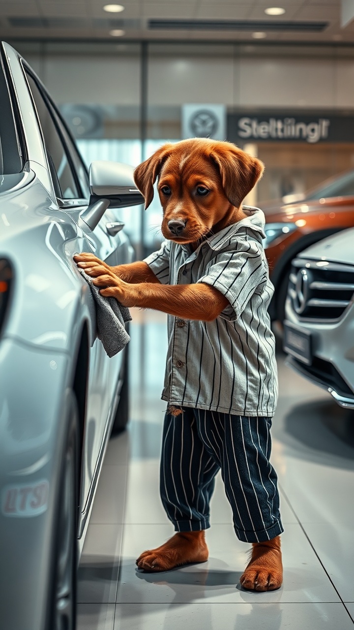 AI generated image by FLUX.1-schnell: "
"A brown puppy wearing an old, dirty, and torn white striped shirt and black striped pants is cleaning a car inside an Indian car showroom. He is holding a cloth and wiping the surface of a shiny car with care. The puppy looks tired, humble, and focused on his work. His clothes are visibly worn-out and ragged. On both his right and left sides, full-sized modern, clean cars are clearly visible. The environment is highly detailed, showing a realistic Indian showroom with glass walls, lighting, and luxury vehicles. The background is clear — no blur. The scene is ultra-realistic, cinematic, emotionally intense, and in 16K resolution, highlighting the contrast between the poor puppy's struggle and the luxury around him."