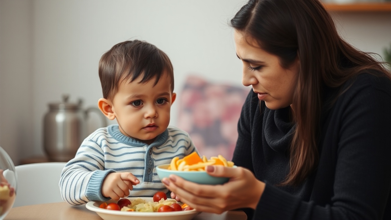 AI generated image by FLUX.1-schnell: madre estresada porque su hijo no le recibe los alimentos, una imagen clara donde el niño se niego a recibir lo que la mamá le esta ofreciendo  