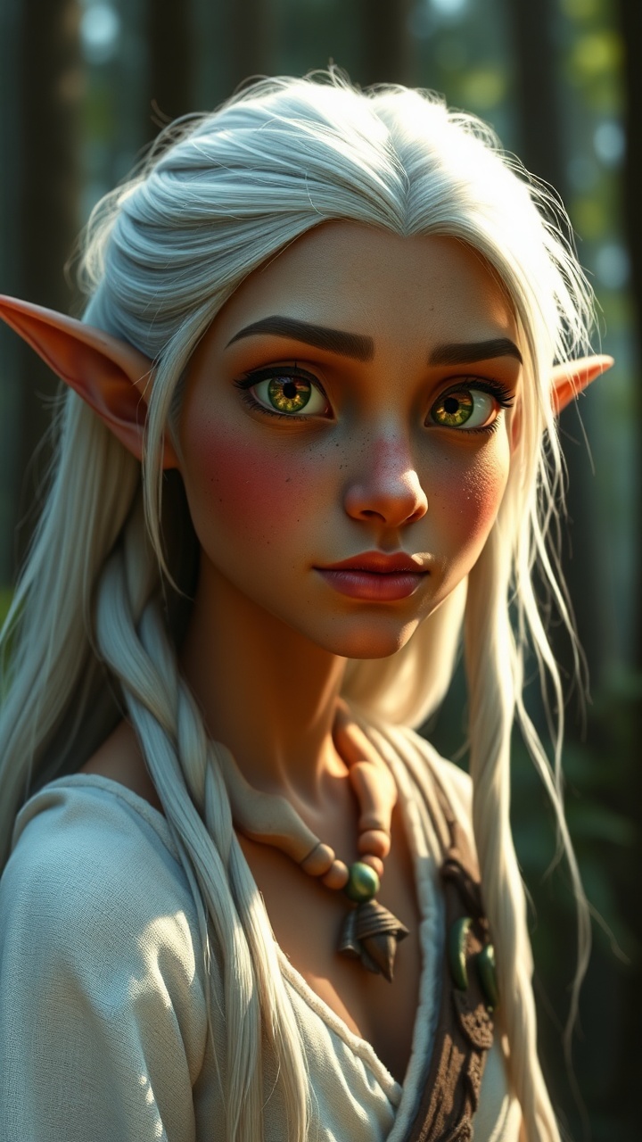 AI generated image by FLUX.1-schnell: Create an Pixar image of a beautiful elf girl, full body shot, 30 years old, painted lips, Focused on the face, tanned skin, golden eyes, pointed ears, long white hair, gigantic nose, dressed in a white chiton, forest, full length, Realism --ar 9:16 -- stylize 750 --v 6, HD, 4K