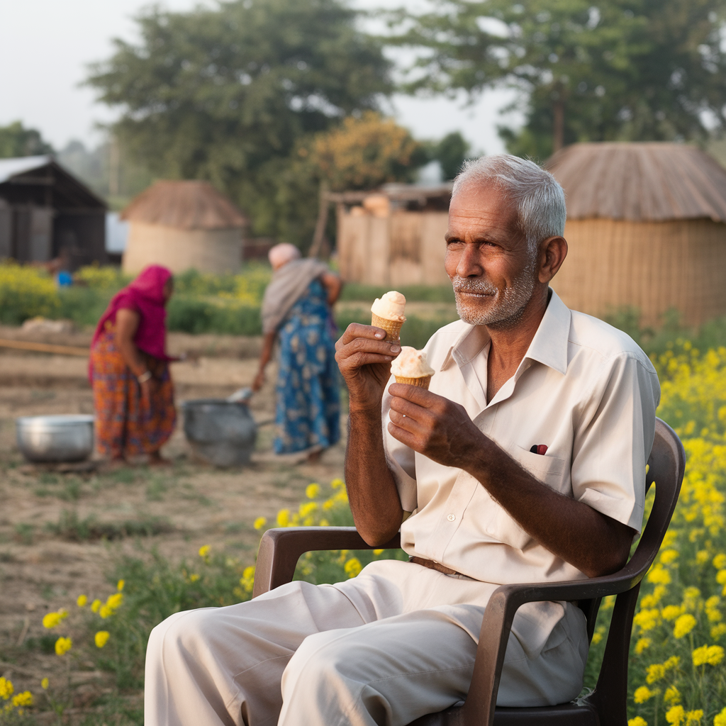 AI generated image by ideogram 2.0: indian village old man eating ice cream and seeing old women working in fileds