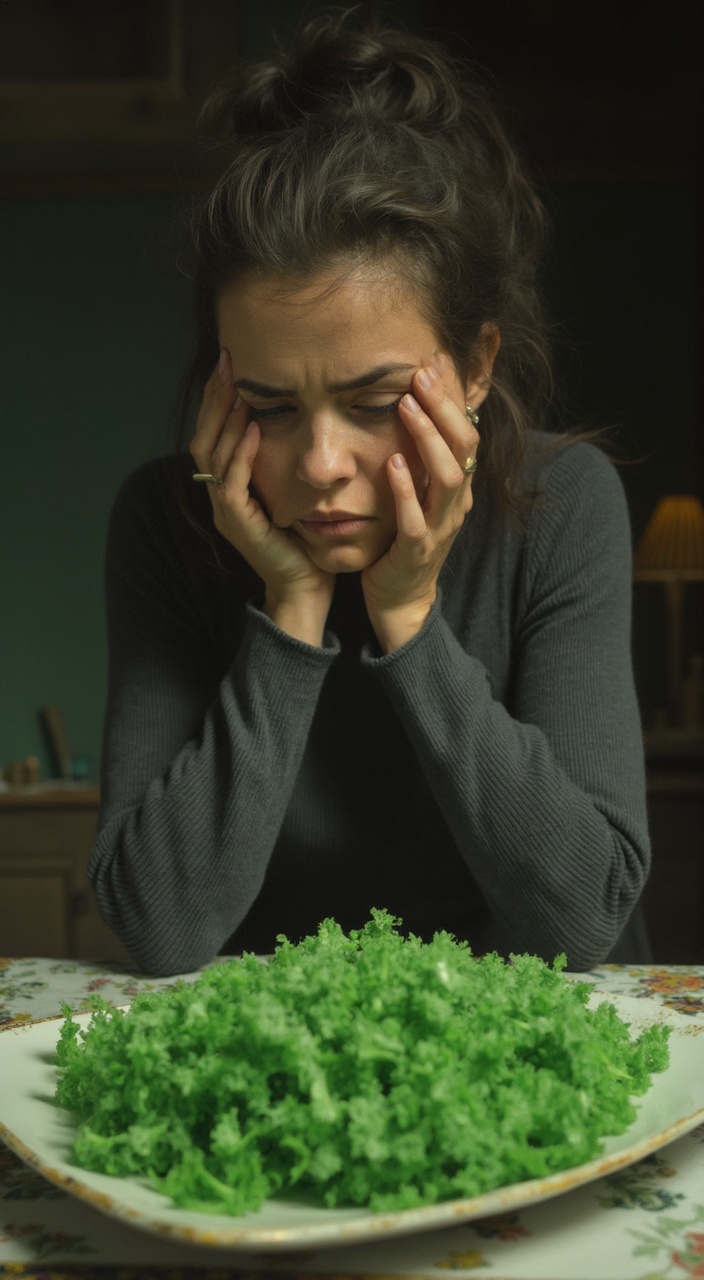 AI generated image by FLUX-Realism-Lora: madre con cara triste y frustrada frente a un plato lleno de papilla verde