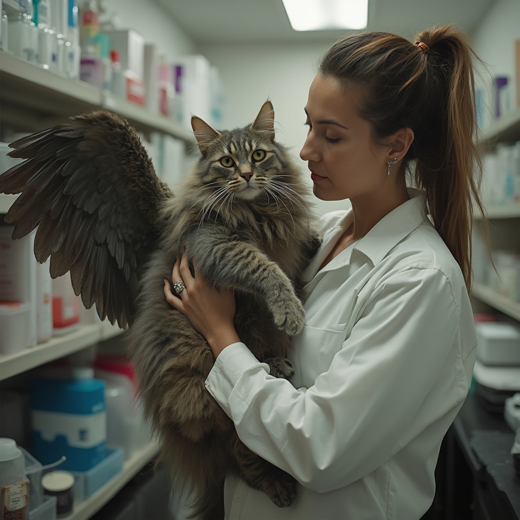 AI generated image by FLUX-Realism-Lora: In the laboratory. A woman holding a Maine Coon cat with huge wings