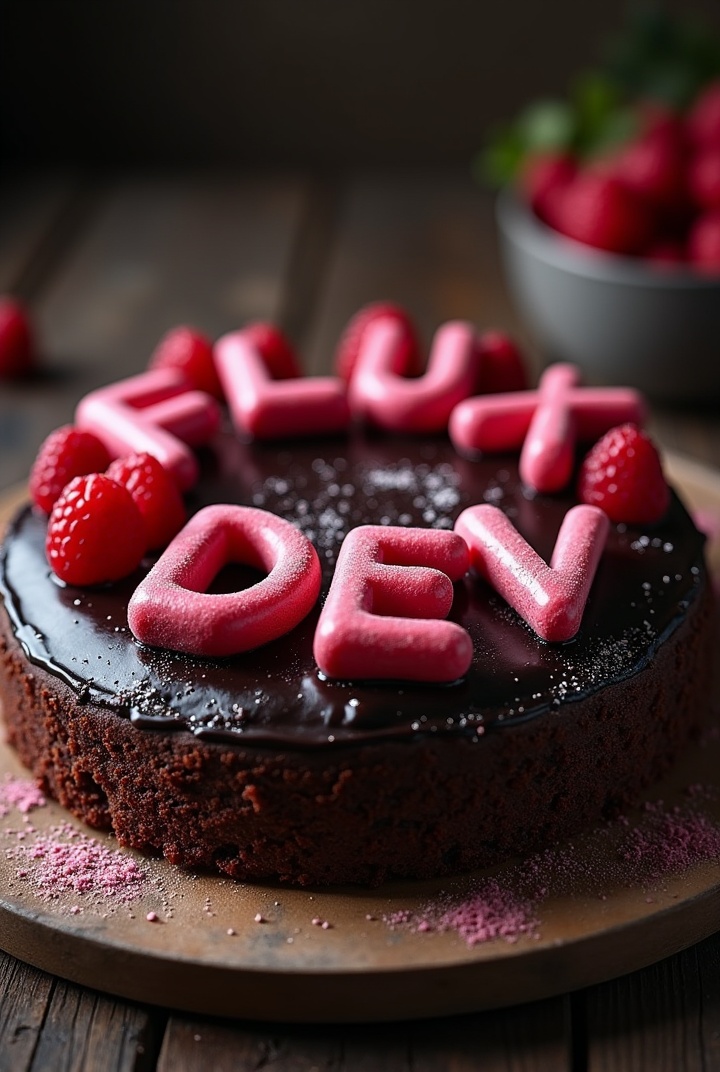 AI generated image by FLUX.1: black forest gateau cake spelling out the words "FLUX DEV", tasty, food photography, dynamic shot