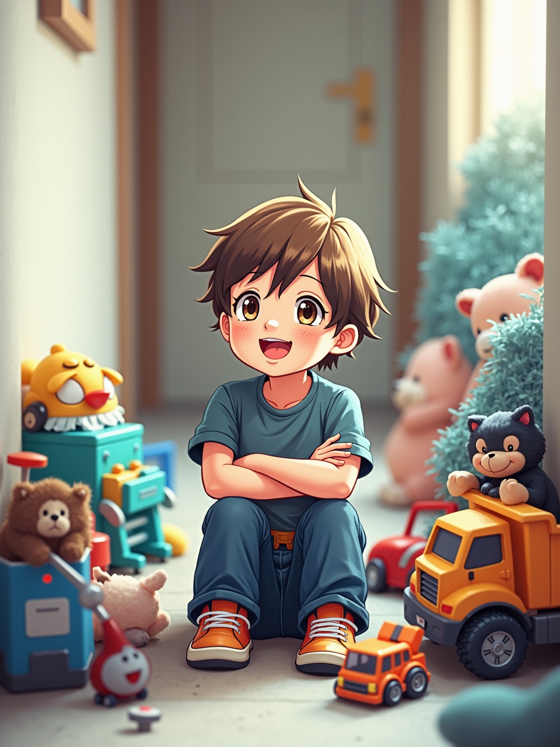 AI generated image by FLUX.1-image-to-image: A charming, well-composed portrait photograph of a two-year-old boy named Pepe, depicted in an anime style. Pepe is sitting in the hallway of his house, surrounded by his favorite toys, which include action figures, vehicles, and stuffed animals. The toys are arranged in a playful manner, reflecting Pepe's joy and imagination. The background is slightly blurred, focusing on Pepe and his toys. The overall atmosphere of the photo is warm and inviting, capturing a moment of innocence and happiness., portrait photography, anime, photo