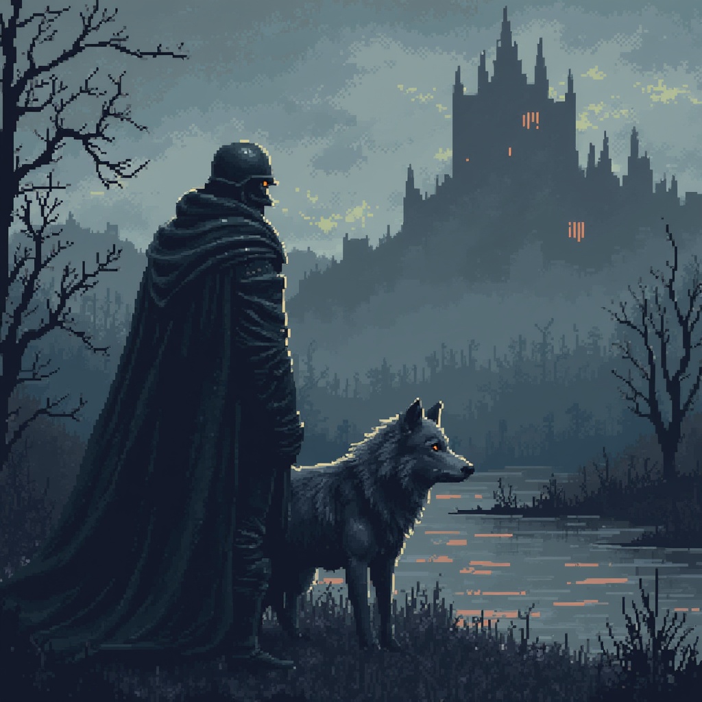 AI generated image by FLUX.1: MAKE THE FOLLOWING PROMPT IN A RETRO, PIXEL ART STYLE: "A dark, weathered knight clad in battle-worn blackened armor stands solemnly in an eerie marshland at dusk. His cloak, tattered and damp, billows in the cold, whispering wind. Beside him, a massive wolf with piercing amber eyes and a coat streaked with silver and shadow stands alert—fierce yet devoted, exuding loyalty and raw power. In the misty distance, a towering, ancient castle looms, half-shrouded in fog, its jagged spires silhouetted against a brooding overcast sky. The murky marsh reflects twisted trees and glimmers of fading light, casting an otherworldly glow across the hauntingly beautiful landscape."