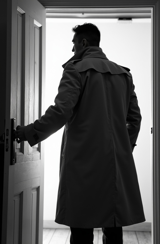 AI generated image by FLUX.1-image-to-image: black-and-white photo with the broad-shouldered silhouette of a man in a trench coat standing in a doorway coming in towards camera. 
The man holding the door handle, as if he just entered the room.

