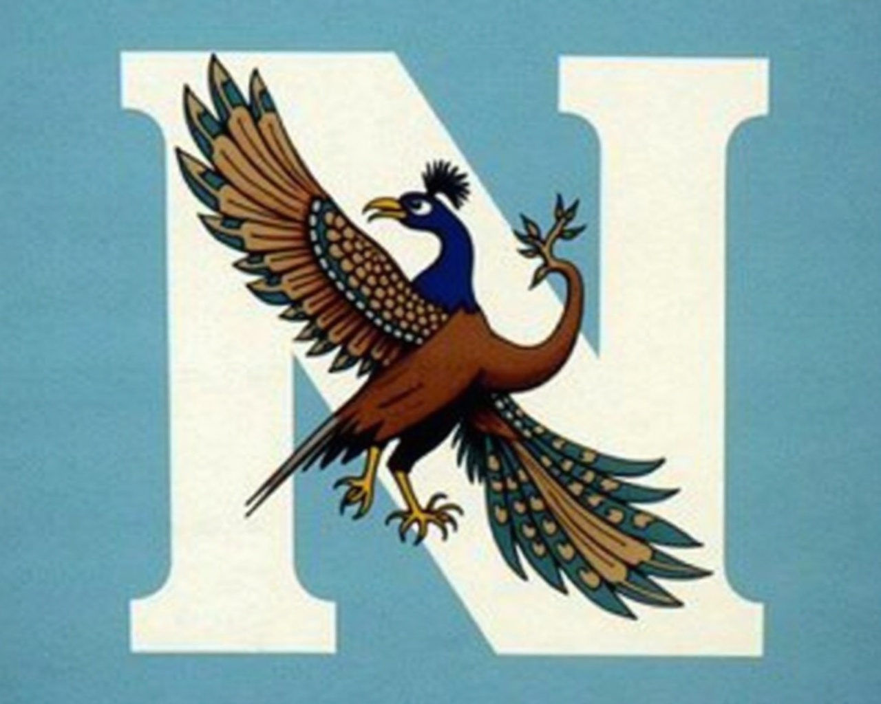 AI generated image by FLUX.1: HERE WE HAVE IN THE MIDDLE OF THE ELEVEN FEATHER PEACOCK AND IN THE BACKGROUND THERE IS THE LETTER N FOR THE PREVIOUS LOGO BUT NOW IT THIS WHITE AND WITH BLUE BORDER (1979 FOOTAGE)