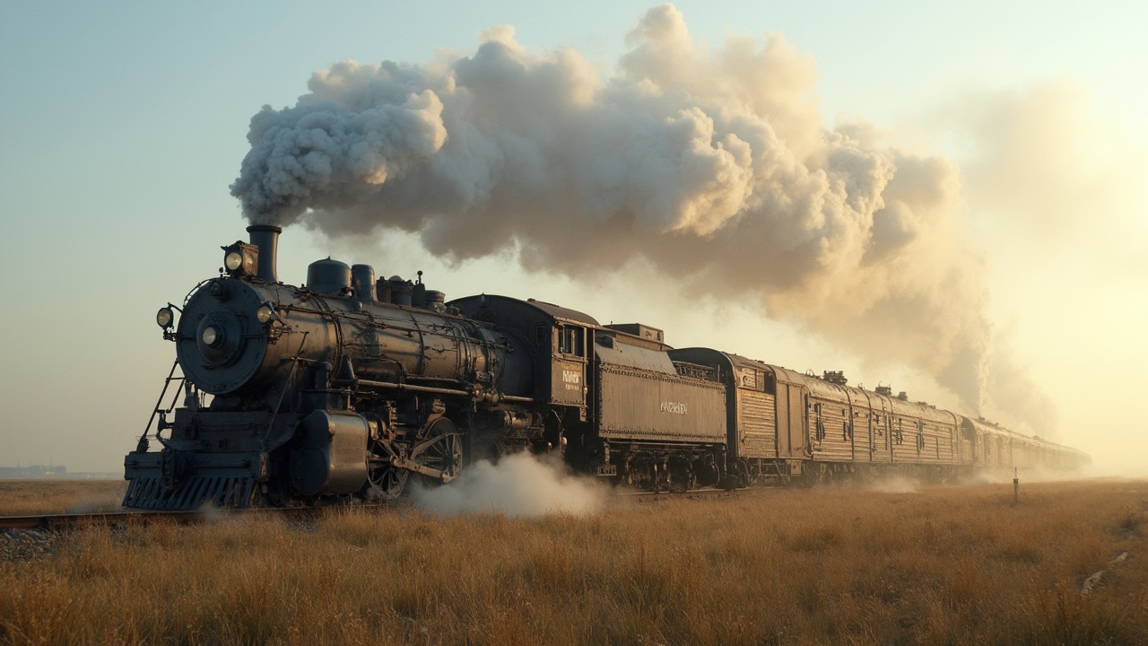 AI generated image by FLUX-Realism-Lora: El costado de una locomotora a vapor y sus vagones vistos de manera horizontal y paralela a la base de la imagen, viajando por el campo