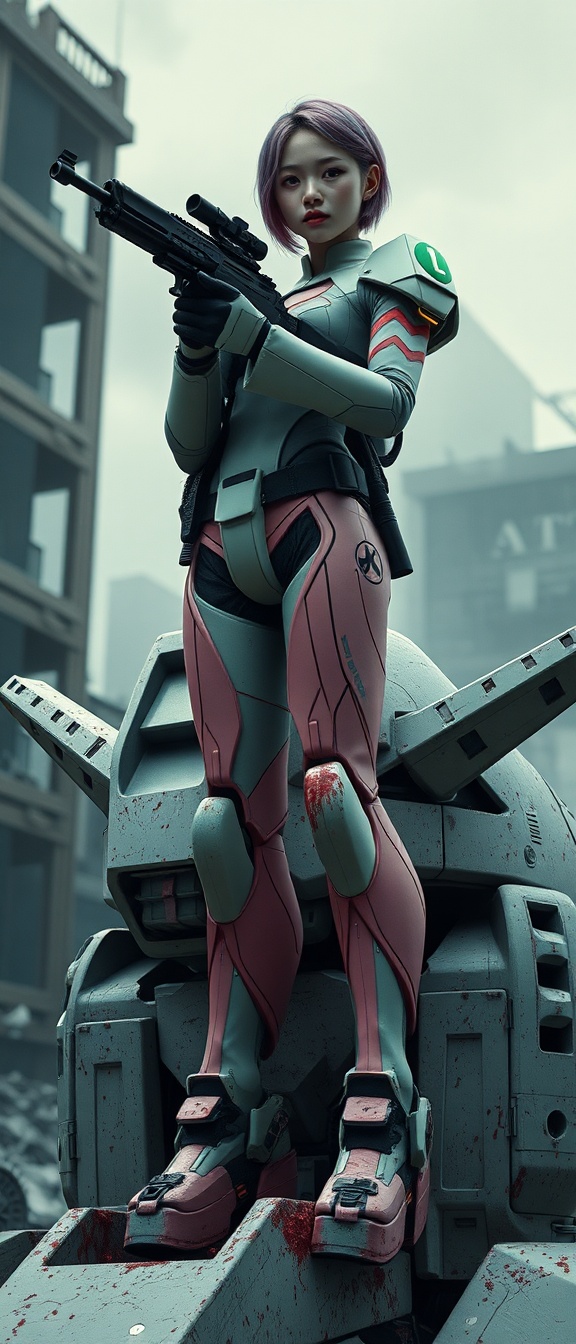 AI generated image by FLUX.1-schnell: Masterpiece full body of a Real Man,Virtual reality, skin like a real person , Best Quality,Beauty, full body image,War Cinematography , best shadows best illustrations Wallpaper size 1080×2400 px Detailed A realistic sci-fi image, similar to Hollywood movies. Full-length image of a Southeast Thai woman 14 years old very very big breasts, big breasts, short hair, dark pink and blue hair, white skin,  aim a AR-15 Gun and fire it forward, . her face looking straight ahead but her eyes looking to the right. Her face shows an indifferent but powerful expression on her face. There is a long blood-streaked map. She is wearing a modern but retro robot costume in light green and pink color with the logos green text of "CGM48" on the green back ground path, on the costume. She is standing on the head of a large robot (only the robot's feet are visible). Low-key lighting gives an apocalyptic feel. The background is a collapsed building with billowing smoke. GUNDAM image. there are many of storm troopers are chasing after him from behind.