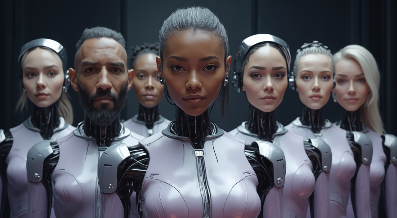 AI generated image by FLUX-Realism-Lora: A photorealistic image of a professional team of humanoid robots with human heads, designed for a futuristic and approachable “Contact Us” section of a website. Each humanoid has a unique human head, ensuring diversity with men and women of different ages and ethnicities. The faces are highly detailed, with natural skin textures, expressive eyes, and visible hair that seamlessly integrates with their robotic forms. Make sure that man is on the front line 

They are standing in a group formation, positioned slightly behind each other, creating a professional and dynamic team structure. Their android bodies have a sleek, modern design, with smooth metallic plating and subtle technological elements.

The team members are dressed in elegant, lightly purple uniforms, blending futuristic fashion with professionalism. The uniforms have subtle metallic accents, high-tech seams, and an ergonomic fit, symbolizing trust, innovation, and assistance.

The background is dark and modern, with a clean, minimalistic aesthetic and soft lighting. It may include elements like a futuristic office, digital holograms, or a clean white tech-space, ensuring the team looks inviting, high-tech, and ready to assist.

The composition conveys warmth, intelligence, and professionalism, making the team feel both highly advanced and approachable. Each humanoid team member has a unique expression, looking directly at the viewer as if they are ready to help. The image should be ultra-realistic, with sharp details, lifelike facial textures, and high-tech aesthetics, ensuring a premium and futuristic corporate identity
