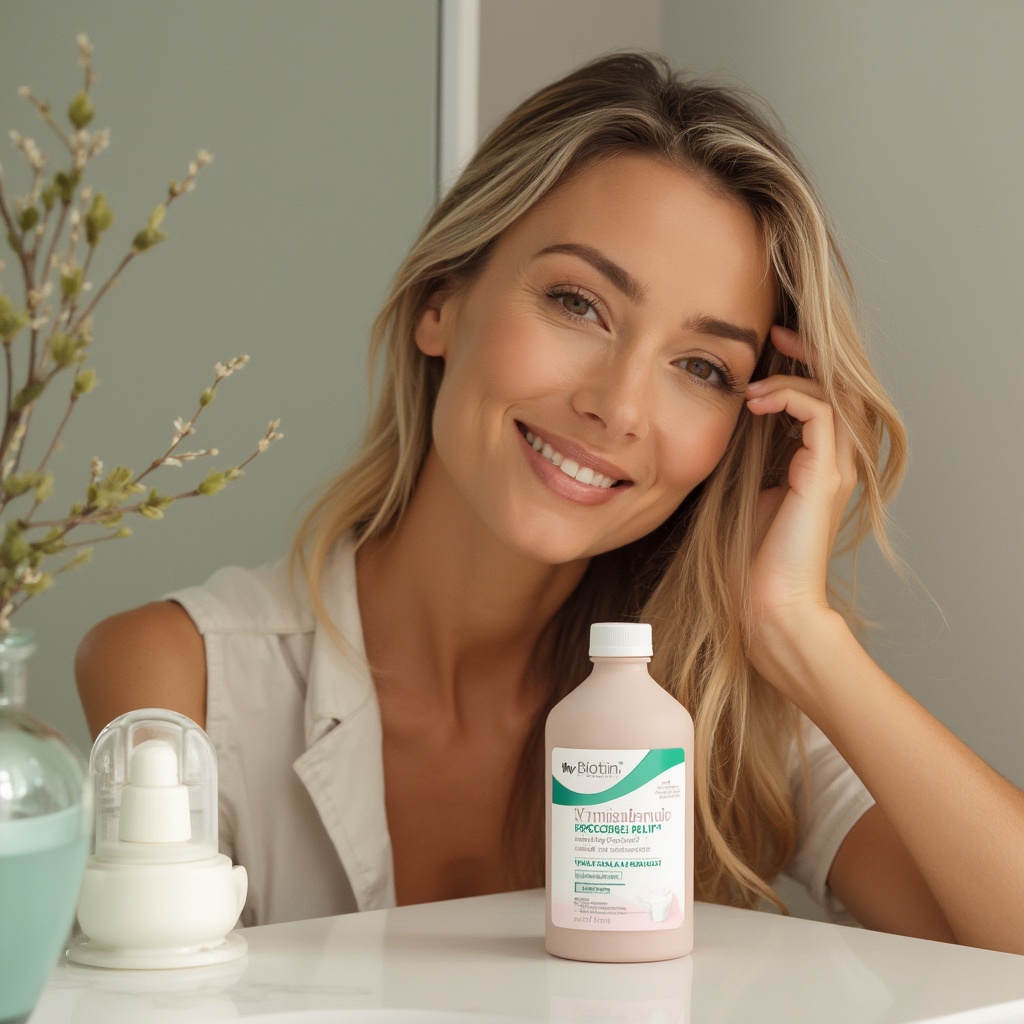 AI generated image by FLUX-Realism-Lora: A highly photorealistic close-up shot of a confident woman in her late 40s to early 50s, with radiant skin and thick, healthy hair, gently touching her hair or looking directly at the viewer with a subtle, welcoming smile. In the foreground, a MyBiotin ProClinical bottle is prominently displayed on a clean, minimalist vanity surface, the label facing forward with a subtle reflection to underscore its premium quality. Soft, diffused lighting enhances the natural glow of the model’s skin and hair, highlighting the product's benefits in a balanced, uncluttered composition. Neutral tones with gentle color accents complement the product packaging, evoking a sense of health and well-being. The overall mood conveys premium quality, clinical effectiveness, and professional assurance, with an aspirational yet approachable atmosphere, shot on 35mm film