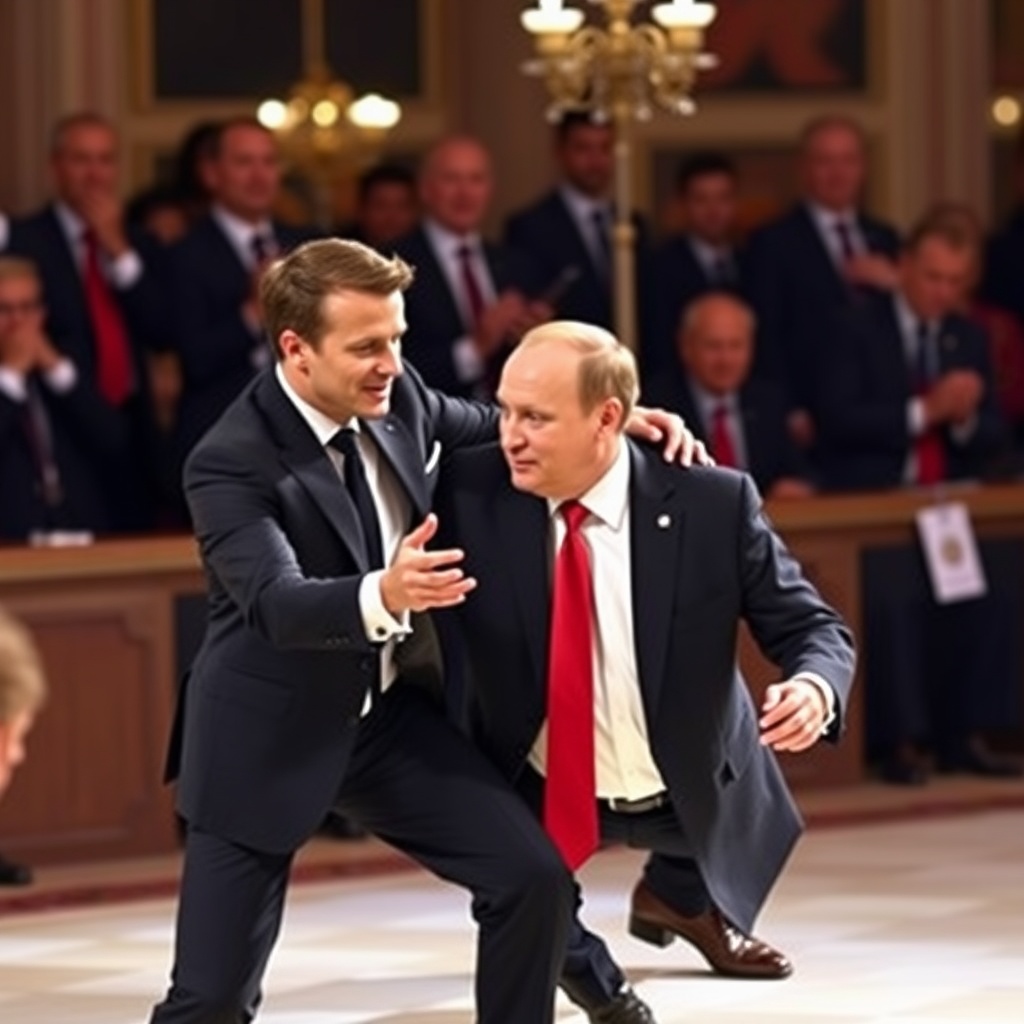 AI generated image by FLUX.1-schnell: Emmanuel Macron danse un slow avec Vladimir Poutine