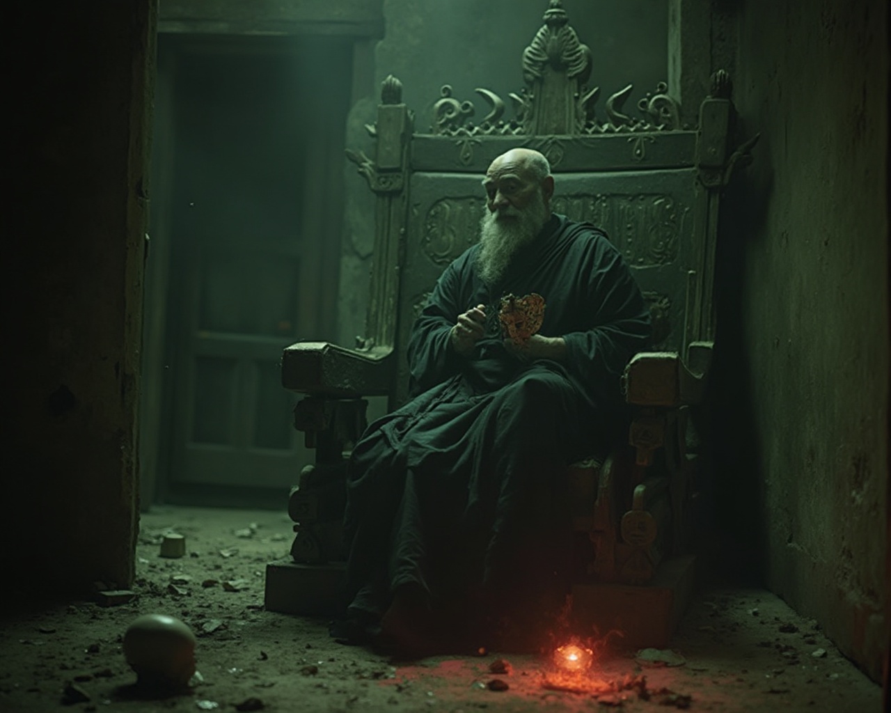 AI generated image by FLUX-Realism-Lora: Super spacial effect red green light ghost spirits attack This black rope
monk, Hyper realistic Hi detail hyper HD In 1970s Thailand An old Thai temple built in Lanna Thai art. in Chiangmai found footage photo of an horror mood Thailand 100 year old monk in dark rope sitting cross-legged on the old big chair wood built, holding up round black and old paper book scrolls with Indian motifs yantra on them. In front of him is his bald head.