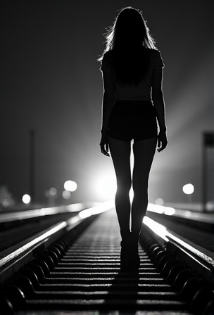 AI generated image by FLUX.1-image-to-image: A black-and-white central compositioned closeup photo at night. The silhouette of a woman's legs stands with her back to the camera on railroad tracks, facing the background. A spotlight from the background shines between her legs. dramatic backlit lighting