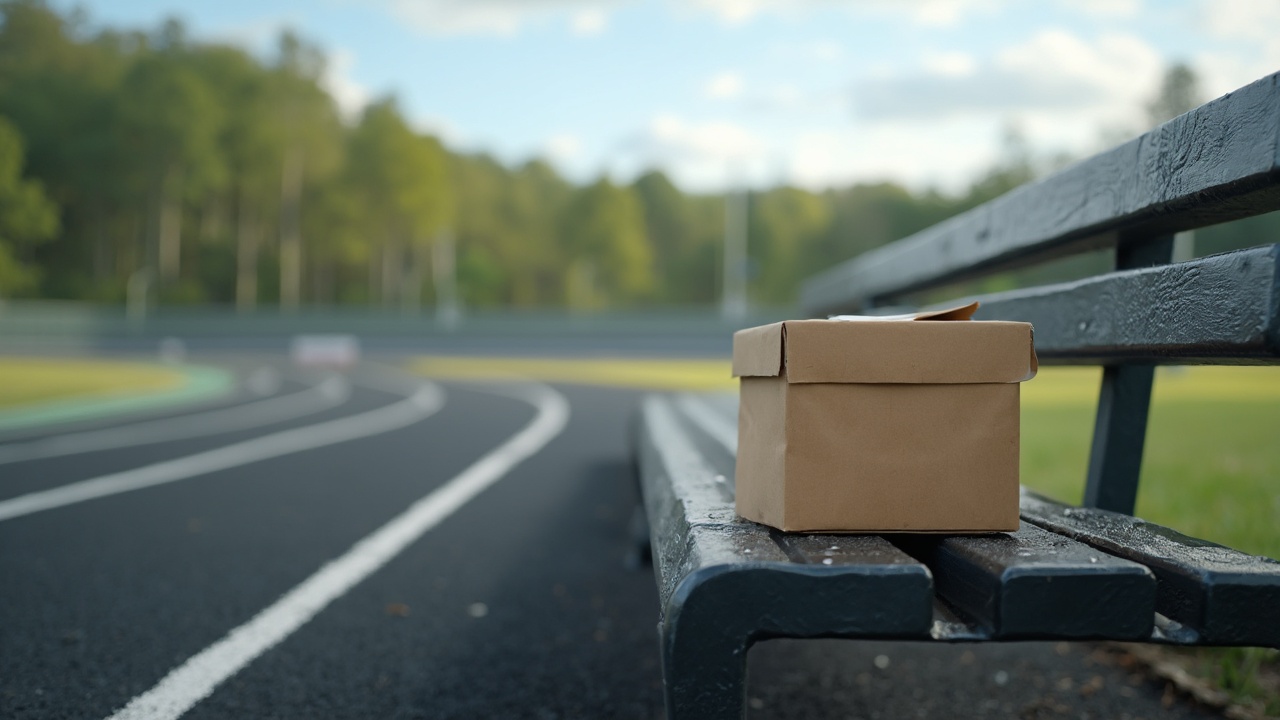 AI generated image by FLUX-Realism-Lora: A realistic photograph of a small box sitting on an angled metal bench with a running track in the background. The bench with the box should take up the lower right corner of the composition, while the track and scenery takes up the upper left two thirds of the composition. The track itself should take up as much of the background as possible while still looking realistic in perspective. The running track is made of black rubber turf with white stripes, and the curved part of the track is what is visible to the camera. The photo should include sky and trees off in the far distance with lens blur, while the box and the bench should be in full focus. 