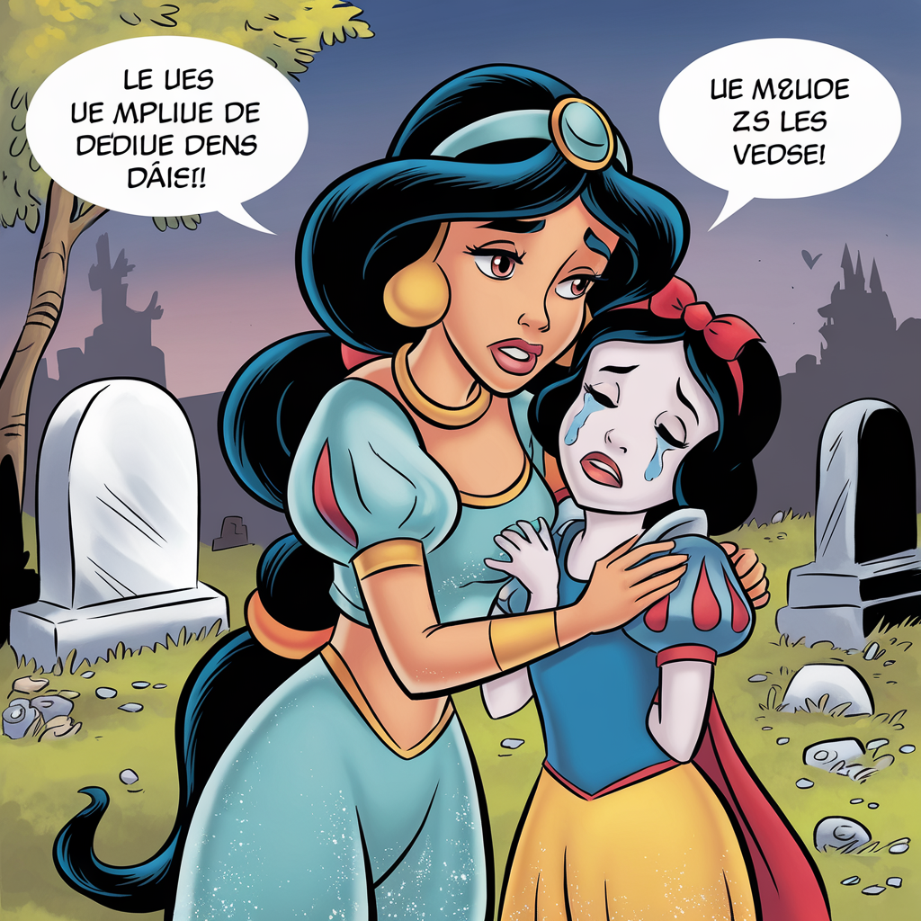 AI generated image by ideogram 2.0: Lesbians princesse jasmine happy hug hands the heade princesse snow white very crying Wail hug the arms princesse jasmine cemetery funeral amoureuse et se discuter réconforter sa femme se parler dans des bulles de bandes dessinées française