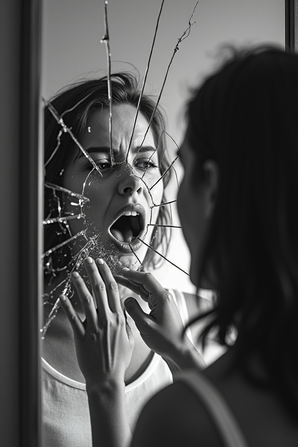 AI generated image by FLUX.1-image-to-image:  a black and white photo of a woman touching a shattered mirror, with cracks radiating from the reflection of her screaming mouth. Dramatic low-key lighting. Backlight. 