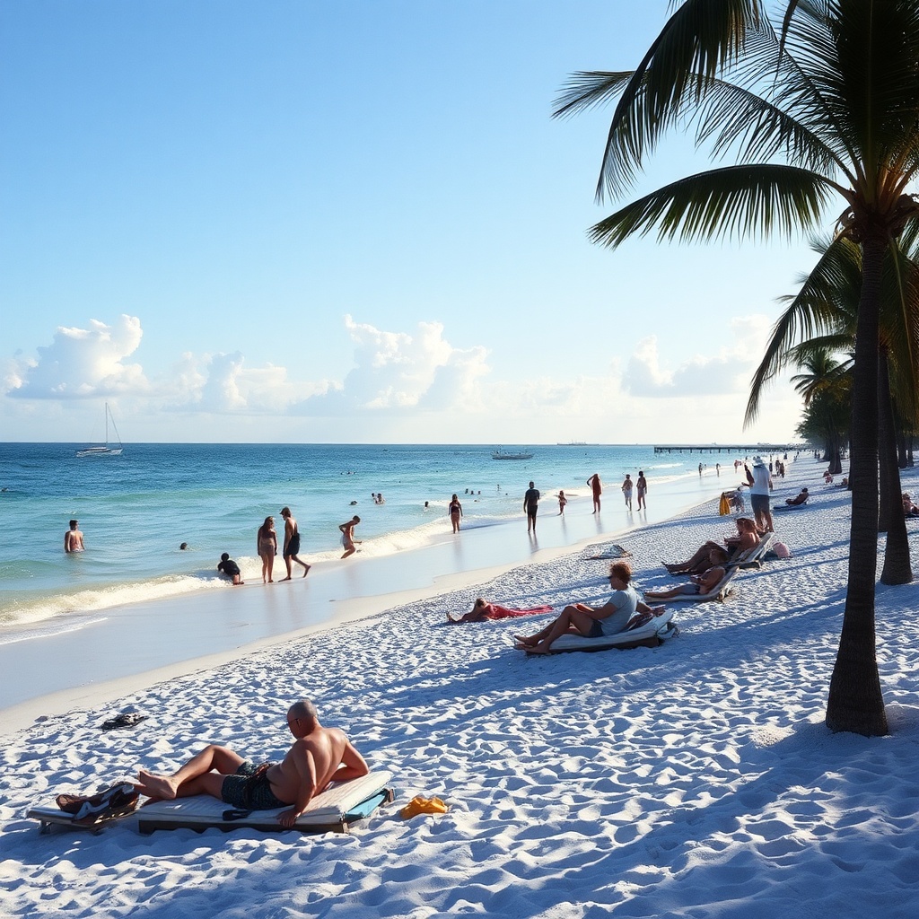 AI generated image by FLUX.1-schnell: A small collection of people relax, swim, and sunbathe on haulover beach in florida