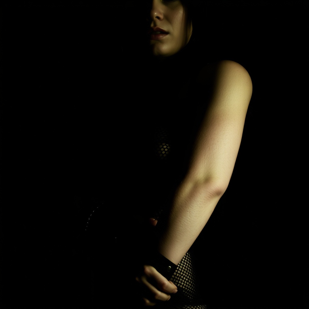 AI generated image by FLUX.1-schnell: A gritty, realistic photograph of a woman's body obscured by deep shadows against a dark wall. She is wearing a mesh bodysuit and heavy leather cuffs. Only the silhouette of the straps and the texture of the gear are visible due to extreme high-contrast lighting. No facial features are discernible in the dark. Film noir aesthetic, raw texture, candid style.