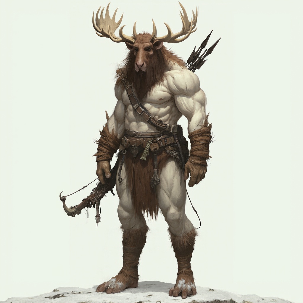 AI generated image by FLUX-Realism-Lora: A very tall, muscular, white-skinned humanoid being with the head of a moose, legs of a goat, a bow on his back, and a quiver. His head is brown