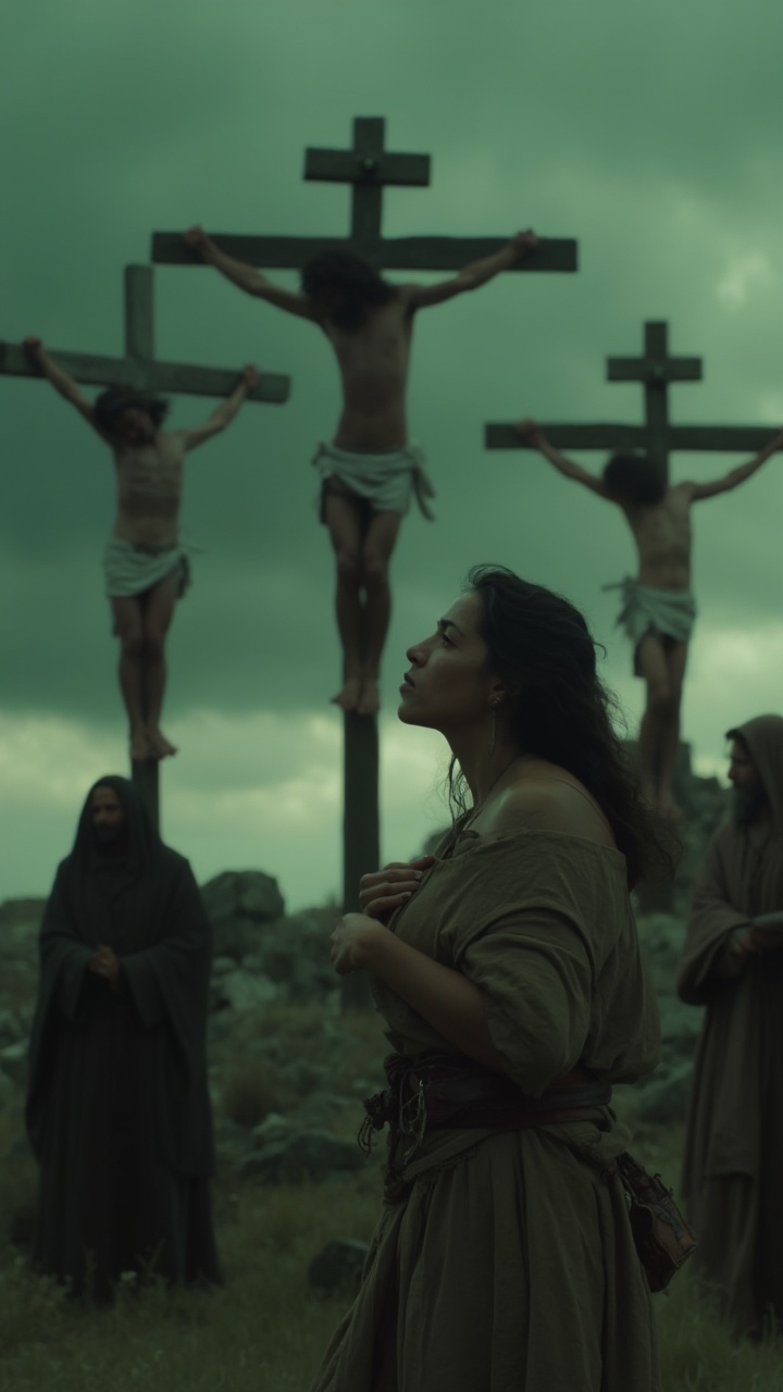 AI generated image by FLUX-Realism-Lora: A vertical cinematic video shot capturing an emotionally charged crucifixion scene in an ancient, desolate landscape. The scene unfolds under a brooding, dark green sky heavy with storm clouds, creating an atmosphere of tension and sorrow. In the foreground, a woman stands in profile with her hand pressed to her heart, her face solemn and full of quiet grief. She wears a loose, earth-toned robe cinched with a simple leather belt adorned by a metallic clasp, exuding a timeless and spiritual aura. Her gaze is directed upward, toward a central cross where Jesus is crucified, his body emaciated and marked by wounds, a crown of thorns placed upon his head. His face, contorted in a mixture of pain and transcendence, is illuminated subtly by faint light breaking through the clouds, highlighting his iconic beard and serene expression even in suffering, making his identity unmistakable. Two other figures are crucified nearby, creating a somber triad of crosses against the vast, moody sky.

Camera Movement: The shot begins with an ultra-smooth, slow upward pan from the woman’s waist, moving past her hand pressed over her heart to her face, capturing her silent grief in vivid detail. As the camera ascends further, it shifts focus seamlessly to Jesus on the cross, capturing the intricate details of his wounds, facial expression, and crown of thorns in hyper-realistic clarity. The IMAX-quality footage emphasizes texture and detail in every part of the scene— from the rough wood of the crosses to the expressions of onlookers in the background, who stand in silent reverence, cloaked in dark, simple robes. The shot lingers on Jesus’s face for a few seconds, the light emphasizing his serene yet anguished expression, underscoring the emotional weight and realism of this historic moment with cinematic, HD photorealistic precision.
