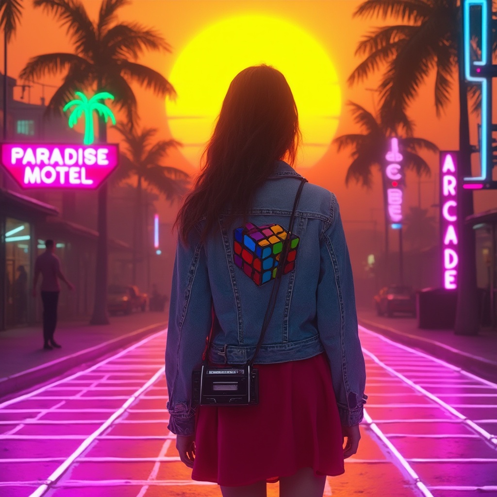 AI generated image by FLUX-Realism-Lora: A retro 1980s-inspired Photorealistic featuring a young woman standing with her back to the viewer in the center of a neon-lit street at sunset. She wears a medium-wash denim jacket with a colorful Rubik's Cube patch on the back and a red dress. A portable cassette player hangs from her waist, connected by a wire. The ground is a glowing grid of purple and orange neon lines, extending into the distance.
The background showcases a vivid yellow-orange sunset with a stylized sun partially obscured by silhouetted palm trees and buildings. Neon signs line both sides of the street, including a pink "PARADISE MOTEL" sign with a green palm tree above it, a vertical orange "BAR" sign, a purple "OPEN" sign, and a newly added blue neon sign that reads "ARCADE"
