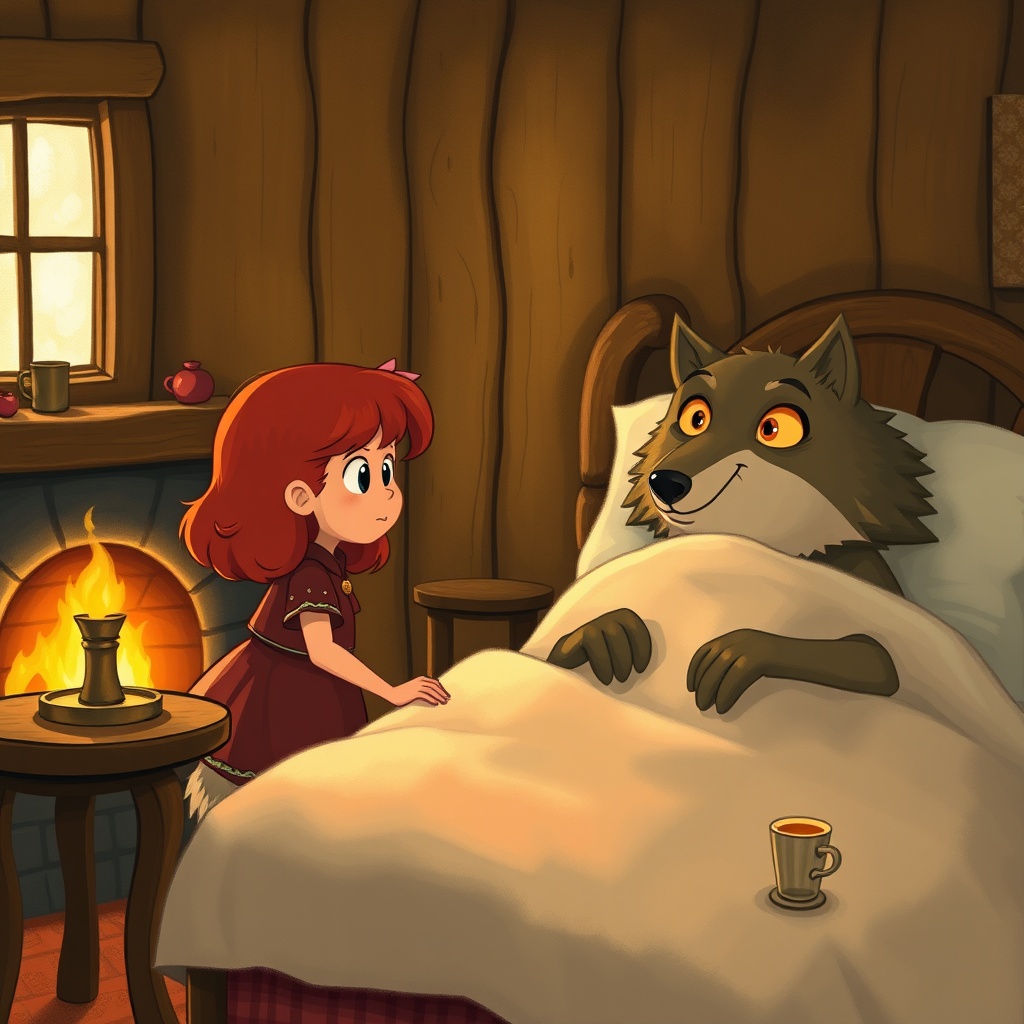 AI generated image by FLUX.1-schnell: Caperucita Roja entra a la cabaña de su abuela y encuentra al lobo disfrazado acostado en la cama, cubierto con una manta de lana. La niña, con una expresión de duda, se acerca lentamente mientras le hace preguntas. La habitación es cálida, iluminada por la luz de la chimenea. El lobo, con ojos grandes y amarillos, la observa con una sonrisa siniestra, mientras sus garras afiladas se asoman bajo las sábanas. Un candelabro y una mesita con una taza de té completan la escena.