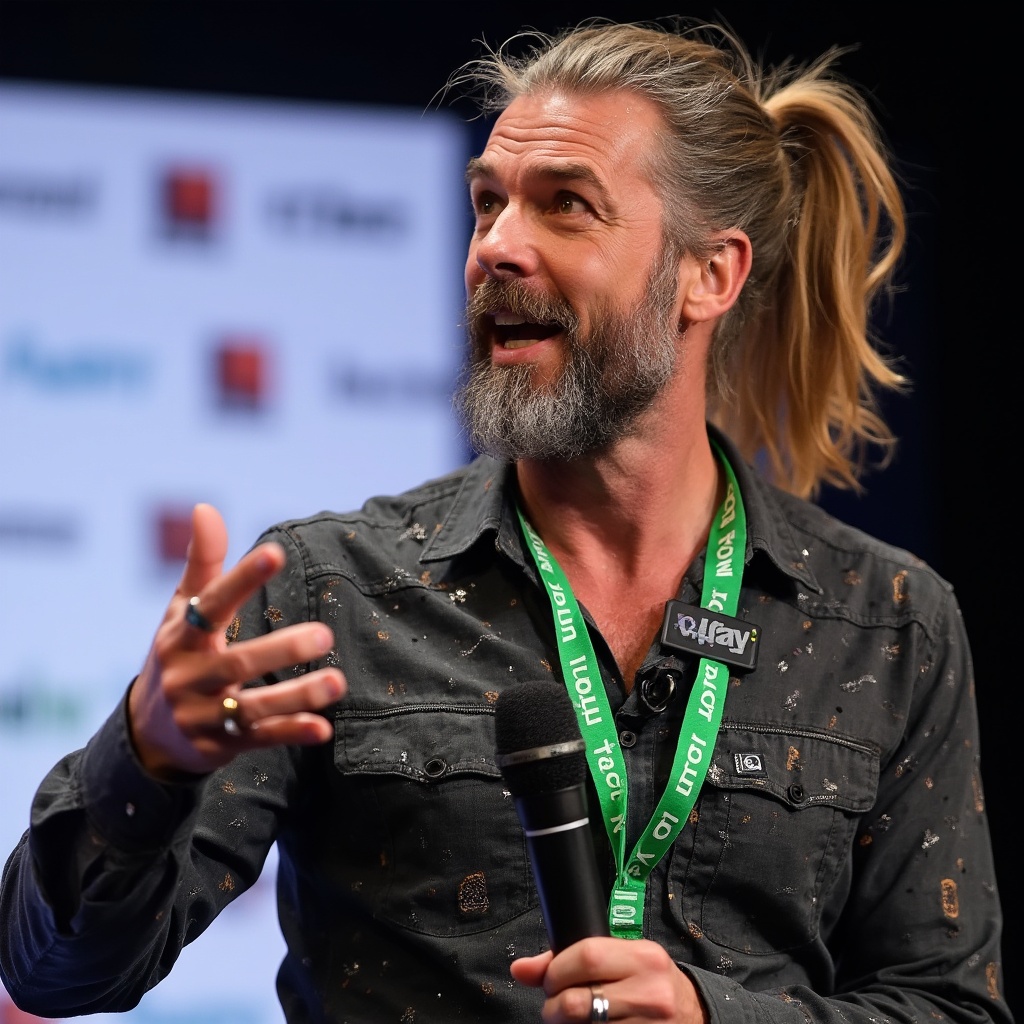 AI generated image by FLUX-Realism-Lora: A charismatic speaker is captured mid-speech. He has long, slightly wavy blonde hair tied back in a ponytail. His expressive face, adorned with a salt-and-pepper beard and mustache, is animated as he gestures with his left hand, displaying a large ring on his pinky finger. He is holding a black microphone in his right hand, speaking passionately. The man is wearing a dark, textured shirt with unique, slightly shimmering patterns, and a green lanyard with multiple badges and logos hanging around his neck. The lanyard features the "Autodesk" and "V-Ray" logos prominently. Behind him, there is a blurred background with a white banner containing logos and text, indicating a professional or conference setting. The overall scene is vibrant and dynamic, capturing the energy of a live presentation.