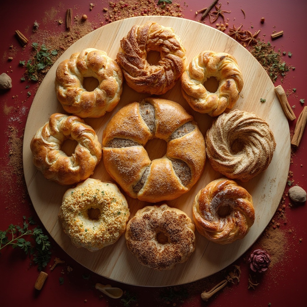 AI generated image by FLUX-Realism-Lora: An aerial shot of several esfirhas arranged in a circular pattern, alternating between savory and sweet flavors, surrounded by spices like cinnamon, cloves, and sugar for the sweet options, and zaatar and fresh herbs for the savory ones. The setting is on a light wooden table with a deep red background, with spices surrounding the esfirhas to create an appealing, flavorful frame. Soft, evenly distributed lighting enhances the colors and textures of the esfirhas, creating a balanced and appetizing scene. Captured with a Canon EOS 5D Mark IV and a 24-70mm f/2.8 lens, the focus encompasses the entire arrangement, highlighting the rich, inviting look of each esfiha.