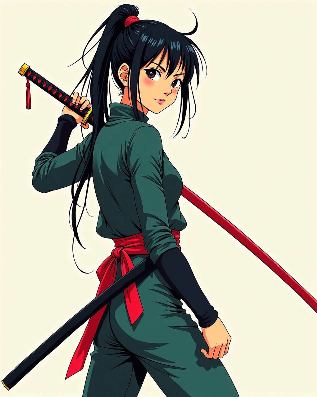 AI generated image by FLUX.1: A digital painting anime illustration, in the style of Yoji Shinkawa,A complete depiction illustration of a female ninja with sword in the iconic style of Yoji Shinkawa, featuring fine, beautiful details and a minimalist, sketched, colorful inked background.  