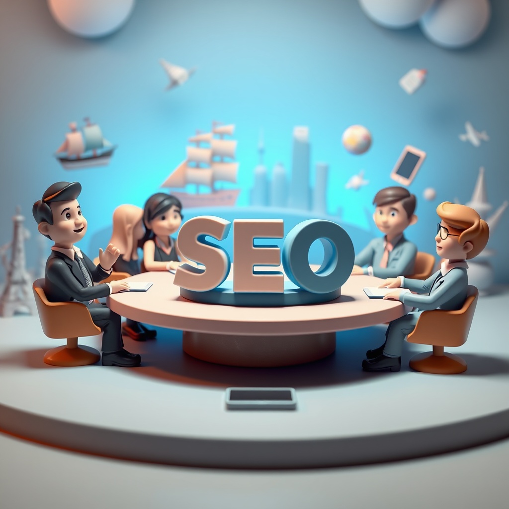 AI generated image by FLUX.1-schnell: A festive and playful 3D clay-style business gathering background, featuring adorable clay figures representing global entrepreneurs sitting around a stylized "SEO" centerpiece. The scene includes handcrafted clay elements like ships sailing across oceans, worldwide landmarks, and floating digital devices. The backdrop glows with soft blues and teals, creating a modern and international atmosphere.

Key elements:
- Clay art style with soft shadows and depth
- Professional yet playful 3D figures
- Maritime and glob
