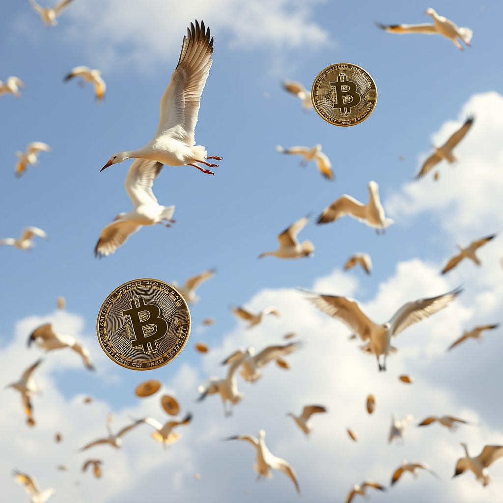 AI generated image by FLUX.1-schnell: 100 bitcoins volando con palomas