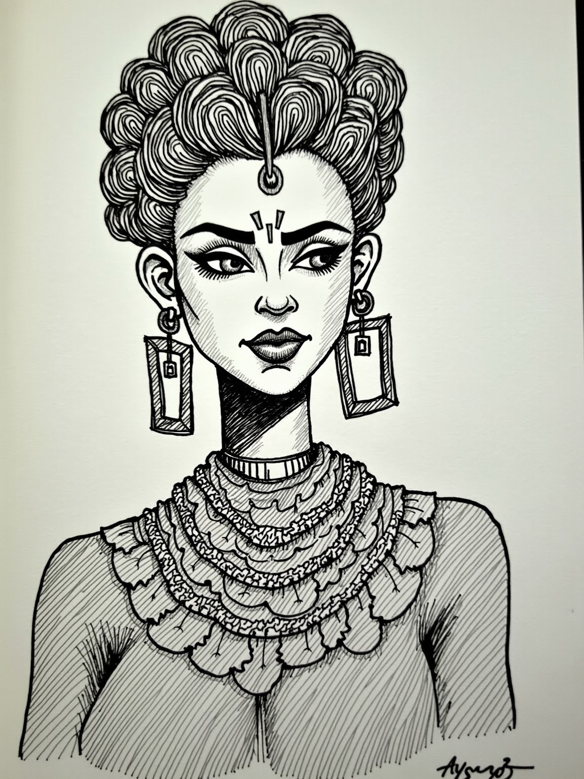 AI generated image by FLUX.1-image-to-image: a black-and-white ink sketch of a woman with striking facial features and an elaborate hairstyle. Her hair is styled in a voluminous, curly updo with detailed linework creating texture. She has arched eyebrows, expressive eyes, a defined nose, and full lips. Her face is adorned with a decorative headpiece featuring three small dangling elements at the forehead.

She wears large, square earrings and a thick, segmented necklace with intricate swirling designs on each piece. Her clothing appears textured, with cross-hatching and shading techniques adding depth to the drawing.

The sketch has an expressive and artistic style, with bold strokes and fine details creating a strong, regal presence. The subject conveys confidence and elegance, enhanced by the intricate accessories and stylized hair.