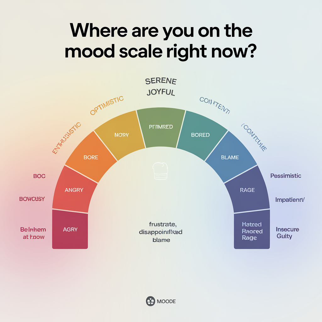 AI generated image by ideogram 2.0: Create a MOOD GUIDANCE SCALE
With the title Where are you on the mood scale Right Now?
The moods will be color coded 
SERENE/JOYFUL/BE HERE NOW
ENTHUSIASTIC OPTIMISTIC CONTENT BORED ANGRY (Yang energy)
PESSIMISTIC FRUSTRATED
IMPATIENT DISAPPOINTED BLAME- (shame, victim, game)
WORRIED SCARED HATRED/RAGE REVENGE
INSECURE/GUILTY 