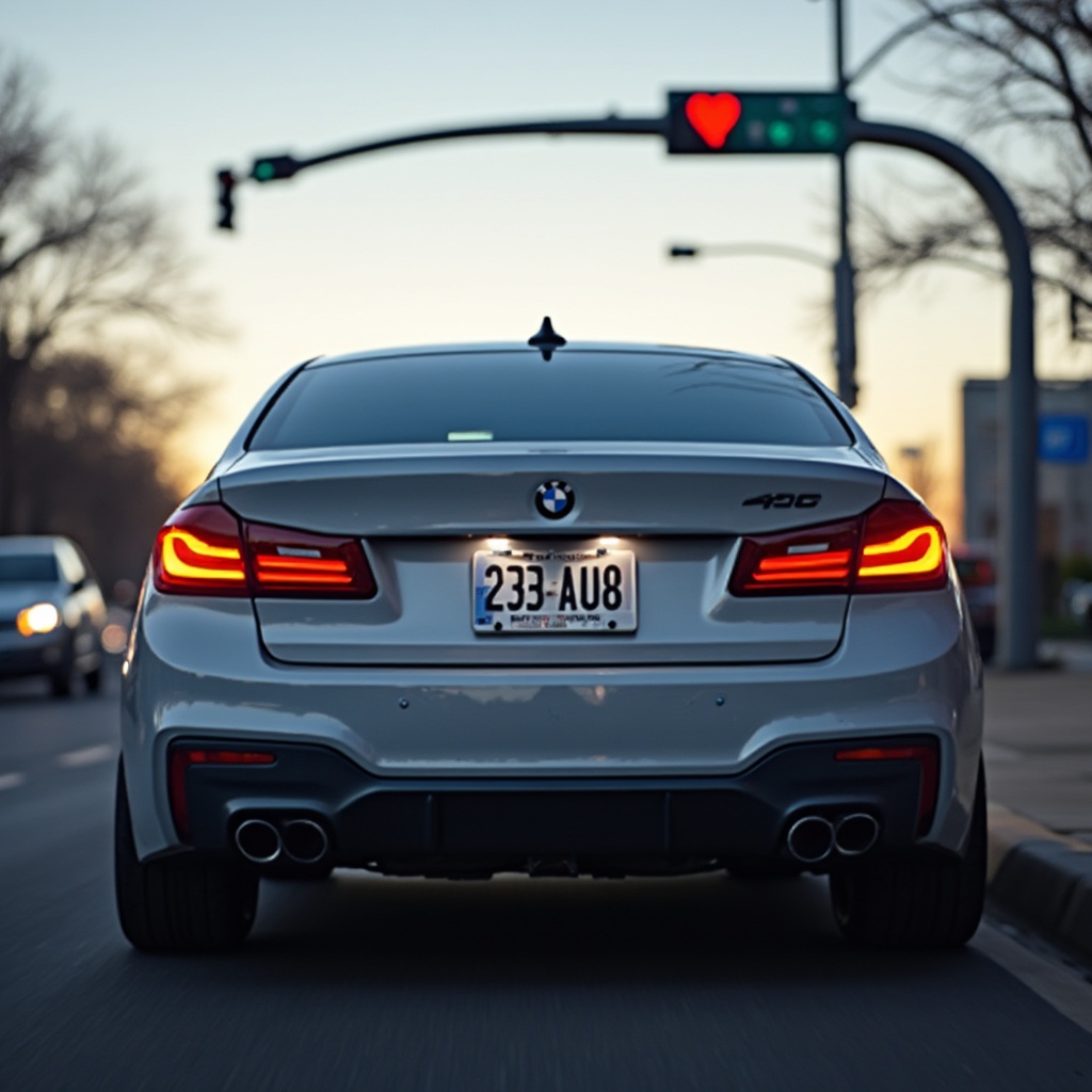 AI generated image by FLUX-Realism-Lora: A BMW car was waiting for the red light at the intersection. The license plate number was "235 AU8". Don't blur the background.