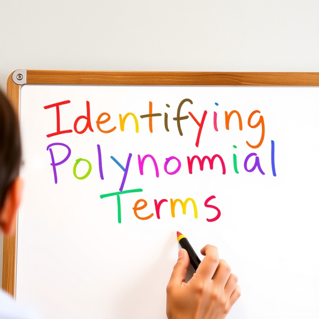 AI generated image by FLUX.1-schnell: Scene transitions to a whiteboard animation where the title 'Identifying Polynomial Terms' is written with colorful markers.]