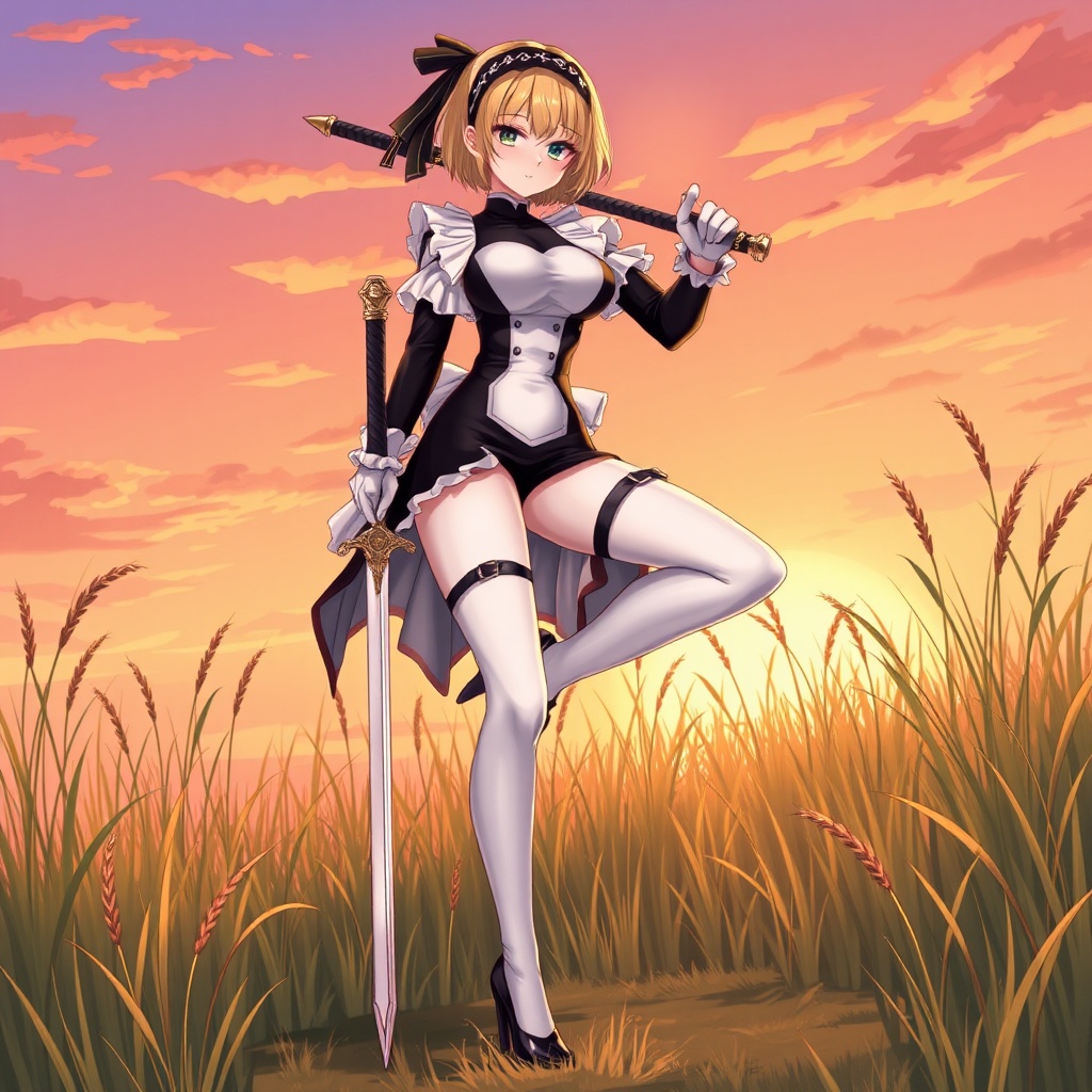 AI generated image by FLUX.1-schnell: Anime-style illustration of a tall woman in a maid-themed outfit, big breasts,set in an outdoor grassy landscape with sunset hues in the background. The character has short blonde hair with a black headband, wearing a tight black and white bodysuit with long sleeves and white gloves. She also has white thigh-high stockings and black high heels. The character holds a sword gracefully, posing in a dynamic stance with one leg lifted. The setting features a warm sunset sky in shades of orange and pink, with tall grass swaying gently in the breeze, capturing a mix of elegance and strength, in high detail, anime style.