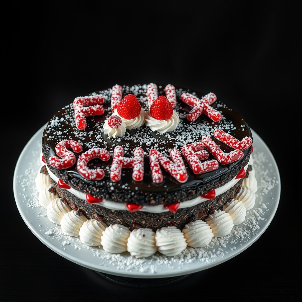 AI generated image by FLUX.1-schnell: black forest gateau cake spelling out the words "FLUX SCHNELL", tasty, food photography, dynamic shot