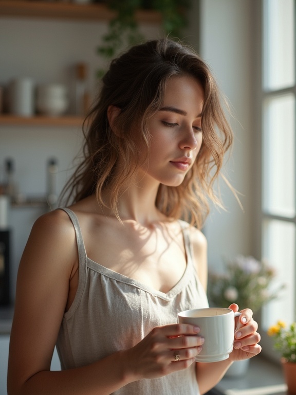 AI generated image by FLUX.1-image-to-image: ultra realistic candid photo of a young woman in a kitchen in the morning, natural window light, holding a coffee cup, relaxed posture, minimal makeup, slightly messy hair, casual top, unposed real-life moment, soft shadows, cinematic realism, shallow depth of field, Instagram lifestyle photography, natural skin texture