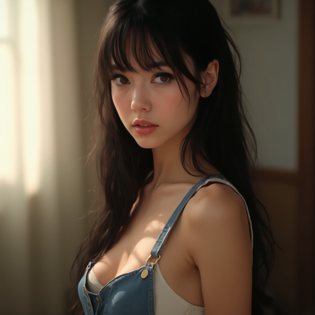 AI generated image by FLUX-Realism-Lora: A photorealistic image of a young woman with long hair and bangs, wearing overalls indoors. She has soft lips and bare shoulders, with a side view emphasizing her upper body and revealing a sideboob. The background is intentionally blurred, creating a shallow depth of field effect. She is looking directly at the viewer with a calm expression. The lighting is soft and natural, enhancing the warm atmosphere.