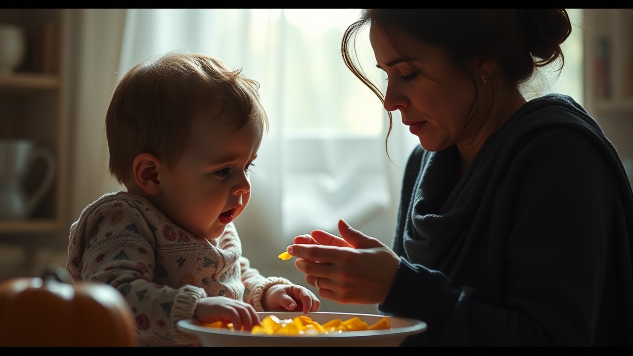 AI generated image by FLUX.1-schnell: madre estresada porque su hijo llora mucho mientras le da sus alimentos y no sabe que hacer. La imagen debe estar la escena donde el bebe no reciba sus alimentos y que se vea llorando mucho 