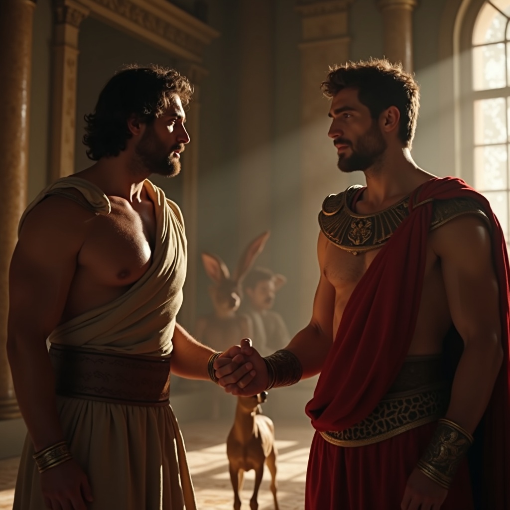 AI generated image by FLUX.1: King Eurystheus orders Hercules to capture a doe. Medium shot, palace interior, daylight from a window, cinematic style, realism.