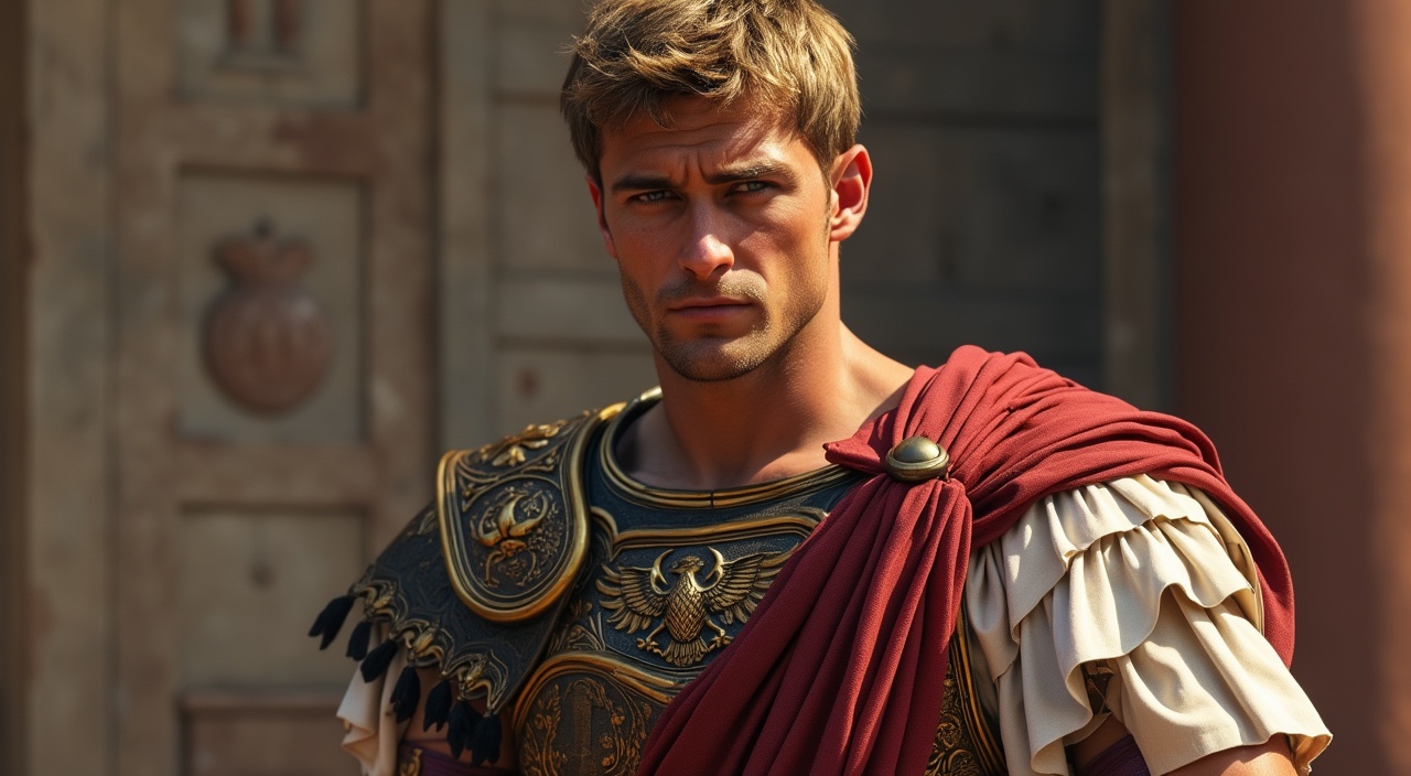 AI generated image by FLUX.1-pro: Octavian, Roman Emperor, 33 years old, Height: 1.70 m, Build: Slim but athletic, with a rigid and dominant posture. Square and strong jaw, with a cold and impenetrable expression, Small and calculating blue eyes, with a gaze that pierces anyone who challenges him, straight nose and thin eyebrows, giving him an air of superiority, light skin, but tanned by the sun and battles, dark blond hair, short and perfectly combed, with controlled curls, wears a white toga with purple edges, denoting his rank as a Roman general, leather and bronze breastplate in war scenes, with engravings of eagles and Roman gods, red cape, symbol of military command, . Photography, imax