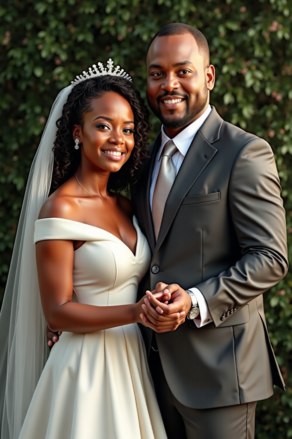 AI generated image by FLUX.1-image-to-image: Create a photorealistic, cinematic, professional, romantic, dramatic, wedding photo of the smiling slightly plump light-skinned mixed wife holding her new heavy and rotund light-skinned Creole husband's hand. Keep their gown and suit the exact same. Clone the bride's face and body type. Keep the same facial expression and details, hair color and style, body type, and detailed facial features for the bride. Clone the groom's face EXACTLY as it is in the image, MUST keep the same detailed facial features, hair color and style, AND body type. Focus on keeping the details of each face the EXACT same as it is in the reference photo.