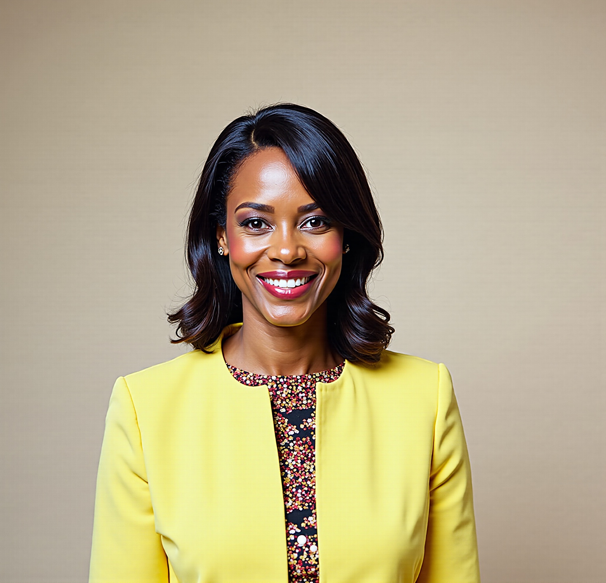 AI generated image by FLUX.1-image-to-image: An elegant, photorealistic, stylish African woman in her late 40s with youthful radiance and authority, confident expression,medium brown skin with warm undertones, natural shoulder-length black hair styled professionally in protective waves, intelligent dark brown eyes with very light wisdom lines, confident smile showing maternal strength, medium build (well-proportioned, neither slim nor heavy), wearing a sophisticated floral deep burgundy blouse, sitting in modern office studio with cinematic lighting, professional backdrop with subtle Pan-African elements, speaking with revolutionary passion tempered by mature wisdom. Linda ThriveBoss avatar, confident expression, cinematic lighting, photorealistic, soft shadows, studio backdrop, warm skin tone

•	Negative Prompts: 
blurry hands, distorted limbs, busy background, low resolution
