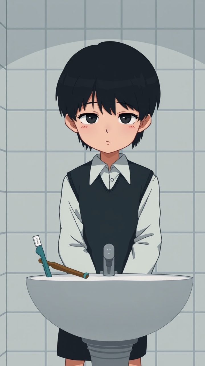 AI generated image by FLUX.1-schnell: Omocat's omori game artstyle, The image depicts a young person standing behind a bathroom sink, their expression somber. Their dark hair is neatly styled, and they are dressed in a white shirt with a dark vest. The tiled walls behind them are plain and featureless, creating a sense of isolation. The only other elements in the scene are a toothbrush and a glass on the counter, suggesting a routine that the individual may find difficult to engage in. The overall mood of the image is melancholic, hinting at a sense of loneliness or sadness. The subdued colors and minimalist composition further contribute to the somber atmosphere.  The image leaves room for interpretation, inviting viewers to consider the inner thoughts and feelings of the subject.